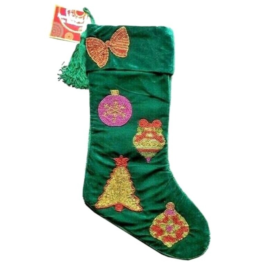 Christmas Stocking Green Velvet Beaded Ornaments Tassel 18" Long